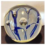 K - Handblown Glass Paperweight - Blue Swirl with Orbs