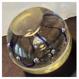 K - Handblown Glass Paperweight - Blue Swirl with Orbs