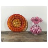 Vintage LE Smith Glass Amberina Plate & Vintage Fenton Pink Vase