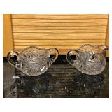 Uranium Glass Crystal Open Sugar Bowl Double Handle Saw Tooth Edge Star Pattern with Creamer