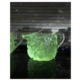 Uranium Glass Crystal Open Sugar Bowl Double Handle Saw Tooth Edge Star Pattern with Creamer