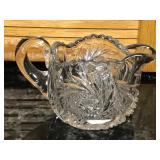 Uranium Glass Crystal Open Sugar Bowl Double Handle Saw Tooth Edge Star Pattern with Creamer