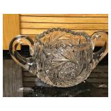 Uranium Glass Crystal Open Sugar Bowl Double Handle Saw Tooth Edge Star Pattern with Creamer