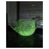 Uranium Glass Crystal Open Sugar Bowl Double Handle Saw Tooth Edge Star Pattern with Creamer