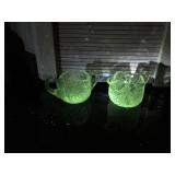 Uranium Glass Crystal Open Sugar Bowl Double Handle Saw Tooth Edge Star Pattern with Creamer