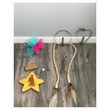 Lot of Home Decor - Wooden Hanging Sign (catcha falling star) - Hanging Butterflies - 2 Metal Hanging Candle Holders - Rope Type Thing with Leather, Feathers and Horse Hair on Each End