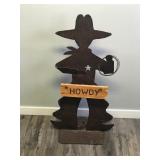 Cut Metal Iron Cowboy Statue Figurine that has a Wood sign that says Howdy