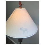 Large Metal Framed Lamp with Cardinal Bird Figurine on Top and Moose & Pine Tree Silhouettes on Lamp Shade - smoke free