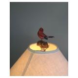 Large Metal Framed Lamp with Cardinal Bird Figurine on Top and Moose & Pine Tree Silhouettes on Lamp Shade - smoke free