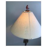 Large Metal Framed Lamp with Cardinal Bird Figurine on Top and Moose & Pine Tree Silhouettes on Lamp Shade - smoke free