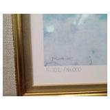 Framed, signed and numbered 1987 Wildlife Habitat print and stamp "On the Wing-Canada Geese" by George McLean with papers 11,102/16,000