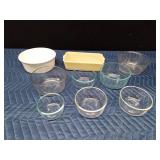 7 Blue tint and clear Pyrex bowls and more