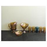 Lot of Collectible Carnival Glass - Pitcher - Glasses - Pedestal Fruit Bowl - Sunflower Bowl