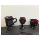 Lot of Collectible Ruby Red Glassware - Footed Bowl - Mugs - Plates - Sugar Bowl - Perfume Bottle