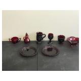 Lot of Collectible Ruby Red Glassware - Footed Bowl - Mugs - Plates - Sugar Bowl - Perfume Bottle