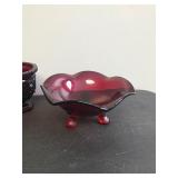 Lot of Collectible Ruby Red Glassware - Footed Bowl - Mugs - Plates - Sugar Bowl - Perfume Bottle