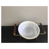 Vintage Pyrex 404 Promo Holder Bowl Cradle Carrier Stand Gold Frame Wood Handles with 404 40T Pyrex Bowl with Lid Vintage