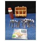 Silverware/napkin basket, silverware, vintage thermos, new food scale