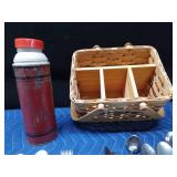Silverware/napkin basket, silverware, vintage thermos, new food scale