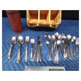 Silverware/napkin basket, silverware, vintage thermos, new food scale