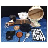 2 Purses, wood hat box, vintage collar box, vintage electric razor, vintage horse hair brush, vintage mirror, vintage hat, soap dish with brush, silk& new Juicy Couture scarfs and a doily