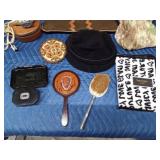 2 Purses, wood hat box, vintage collar box, vintage electric razor, vintage horse hair brush, vintage mirror, vintage hat, soap dish with brush, silk& new Juicy Couture scarfs and a doily