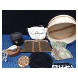 2 Purses, wood hat box, vintage collar box, vintage electric razor, vintage horse hair brush, vintage mirror, vintage hat, soap dish with brush, silk& new Juicy Couture scarfs and a doily