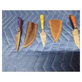 3 Handmade Damascus steel knives with Pakka wood handles and sheaths