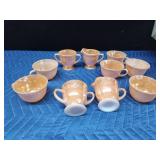 2 Anchor Hocking Fire King Peach Lustre Laurel leaf creamer and sugar sets and 6 cups