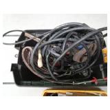 toolbox on wheels full of sanding belts, rubber belts, heavy duty electrical with plug in, saw blade, cut off saw blades and more