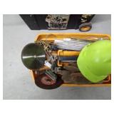 toolbox on wheels full of sanding belts, rubber belts, heavy duty electrical with plug in, saw blade, cut off saw blades and more