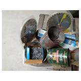 Tote of nails, new saw blades, screws and more