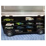 Semi toy car carrier with Hot Wheels and Matchbox cars