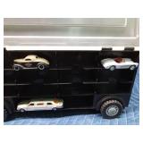 Semi toy car carrier with Hot Wheels and Matchbox cars