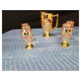 Gold and rose colored pitcher and 6 glasses