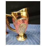 Gold and rose colored pitcher and 6 glasses