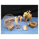 Moss/vine deer & watering can, vine/twig doll furniture. turtle shell and wood book ends