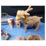 Moss/vine deer & watering can, vine/twig doll furniture. turtle shell and wood book ends