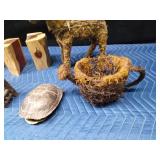 Moss/vine deer & watering can, vine/twig doll furniture. turtle shell and wood book ends