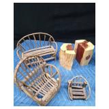 Moss/vine deer & watering can, vine/twig doll furniture. turtle shell and wood book ends