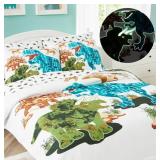 Twin Bed Glow In The Dark Dinosaur Bedding Set $57.99 Retail  - Brand New