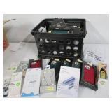 Plastic crate filled with phone acc...