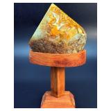 Natural Yellow Banded Agate "Flame" Point on Custom Pedestal Wood Stand.  15.5 oz / 441 g.