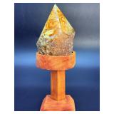 Natural Yellow Banded Agate "Flame" Point on Custom Pedestal Wood Stand.  15.5 oz / 441 g.