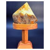 Natural Yellow Banded Agate "Flame" Point on Custom Pedestal Wood Stand.  15.5 oz / 441 g.