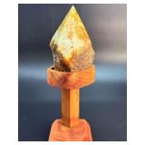 Natural Yellow Banded Agate "Flame" Point on Custom Pedestal Wood Stand.  15.5 oz / 441 g.