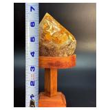 Natural Yellow Banded Agate "Flame" Point on Custom Pedestal Wood Stand.  15.5 oz / 441 g.