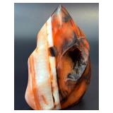 Stunning Polished Carnelian Agate Flame with Natural Druzy Pocket Madagascar Specimen.   1 lb 5.3 oz / 604 g.
