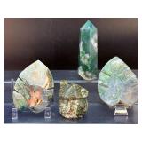 Artisan Moss Agate Collection: Hand-Carved Botanical & Tower Set.  15.2 oz / 431 g.