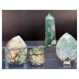 Artisan Moss Agate Collection: Hand-Carved Botanical & Tower Set.  15.2 oz / 431 g.